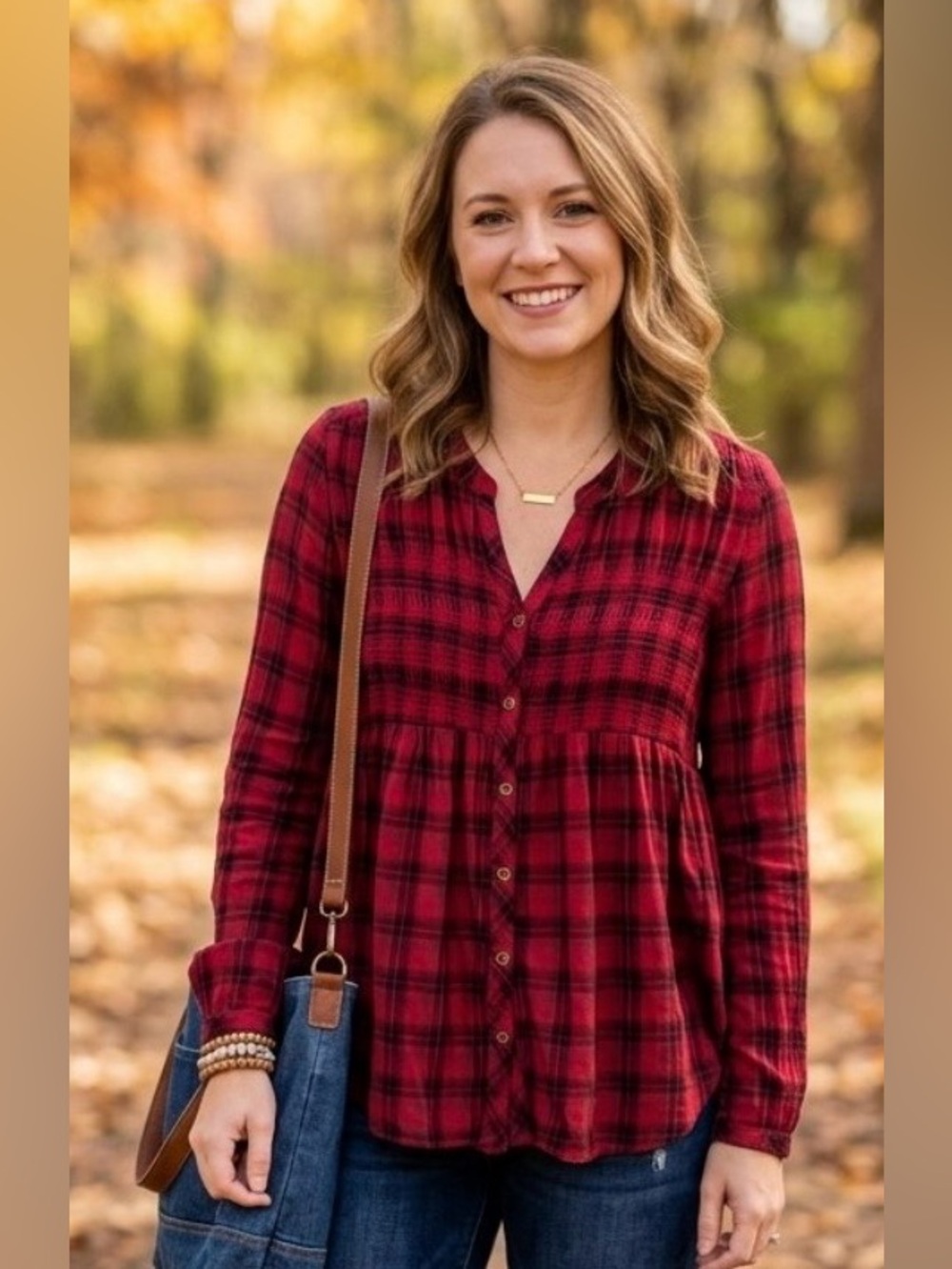Knox Rose Smocked Red Plaid Button-Front Peplum Top Size Medium
